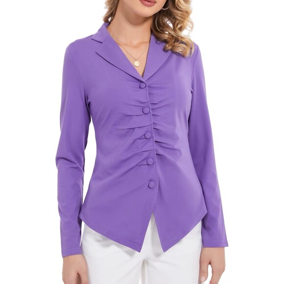 Purple Long Sleeve Button-Up Blouse with Pleated Front Design - Picture 1 of 10